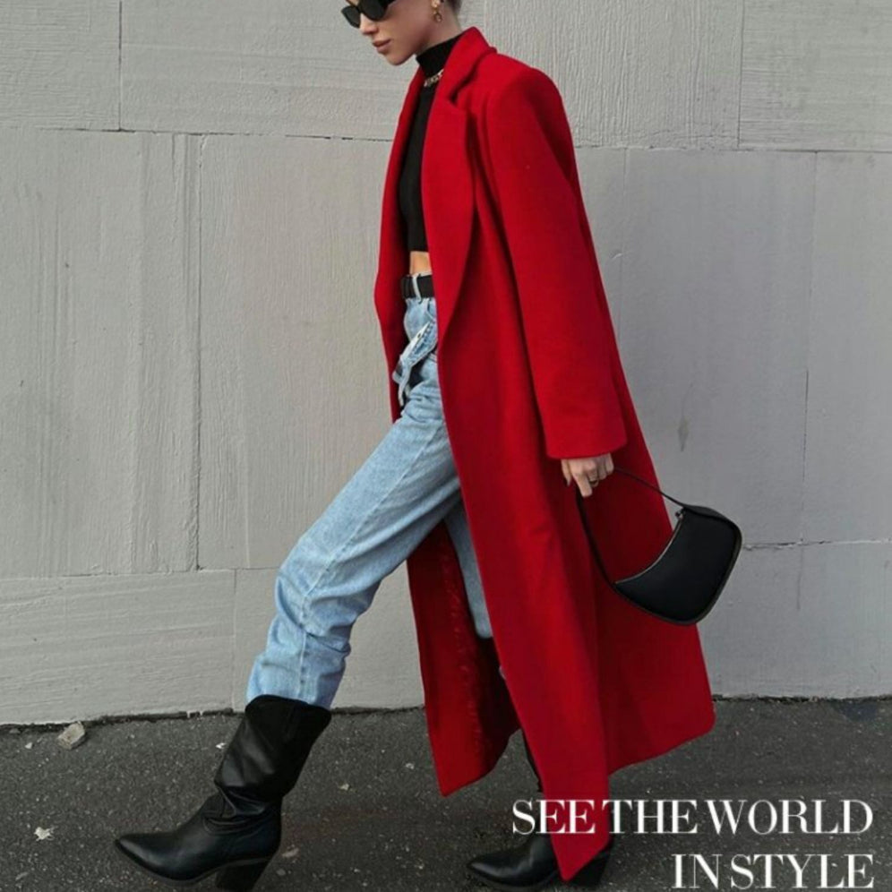 Extra-Long Dark Red Wool Coat for Women