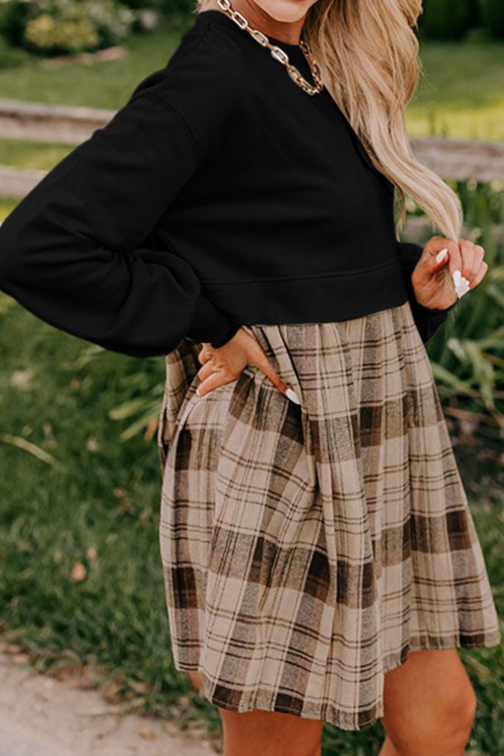 Vintage Plaid Round Neck Long Sleeve Mini Dress Cozy & Stylish Dress Retro Design Dress For Party - Korvel