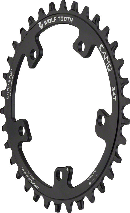 Plato de cadena de aluminio Wolf Tooth CAMO - 34t Drop-Stop A Negro