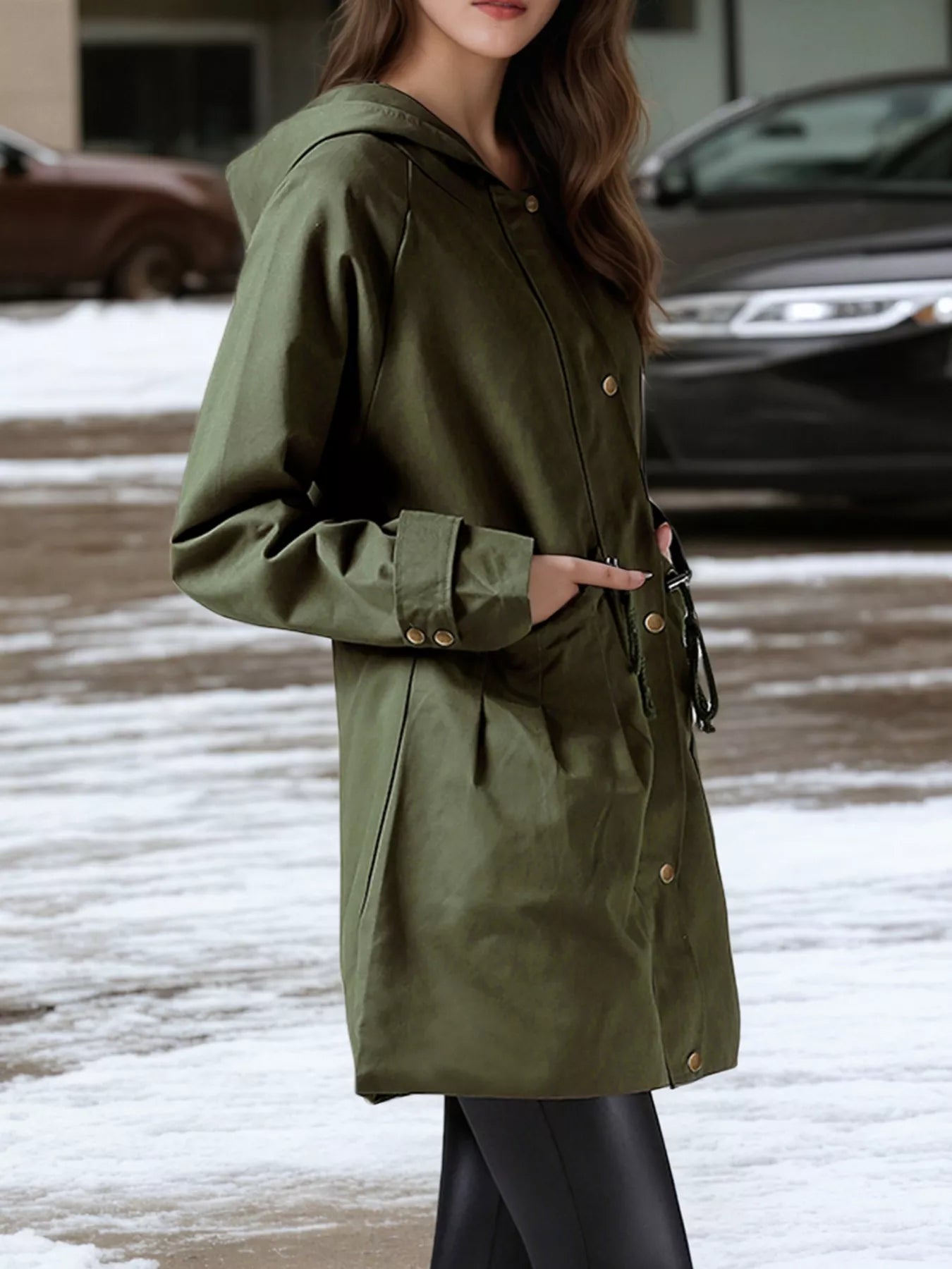 Manteau Trench à Capuche Grande Taille avec Cordon de Serrage