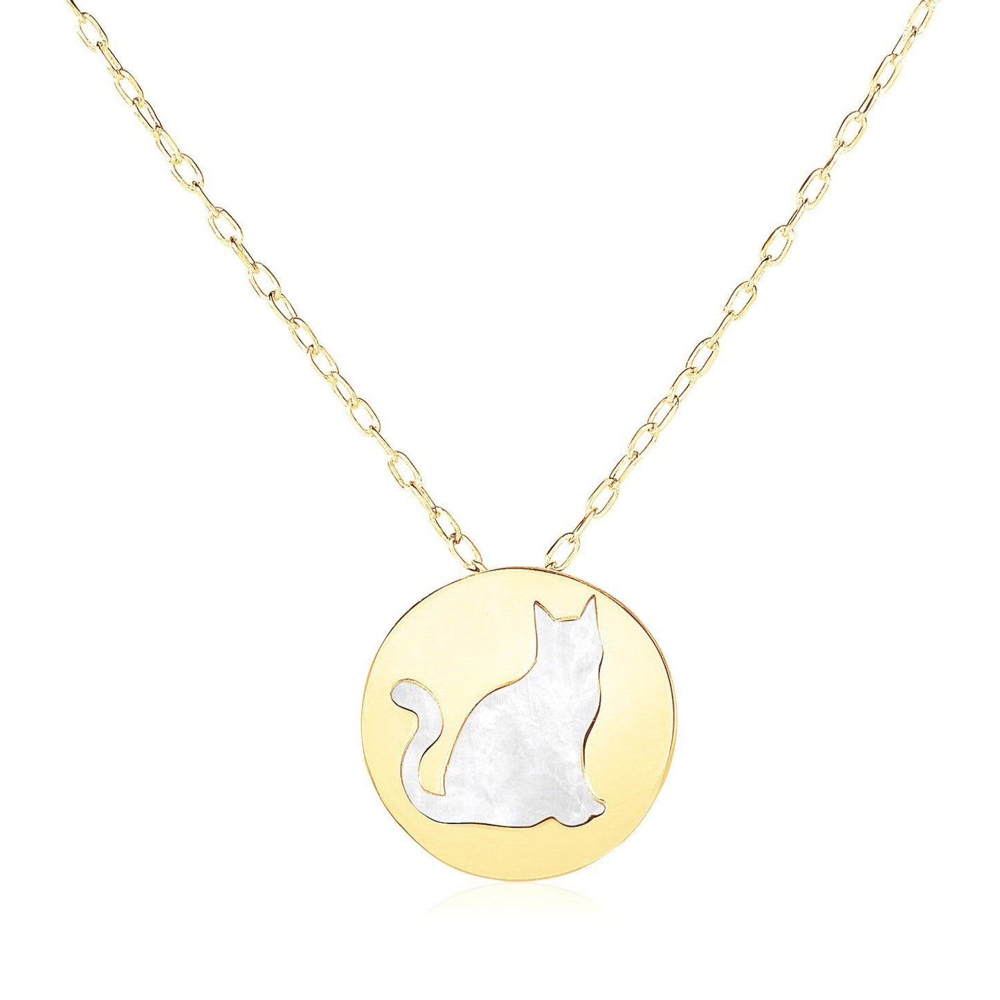 Collar de Oro Amarillo de 14k con Símbolo de Gato en Madreperla