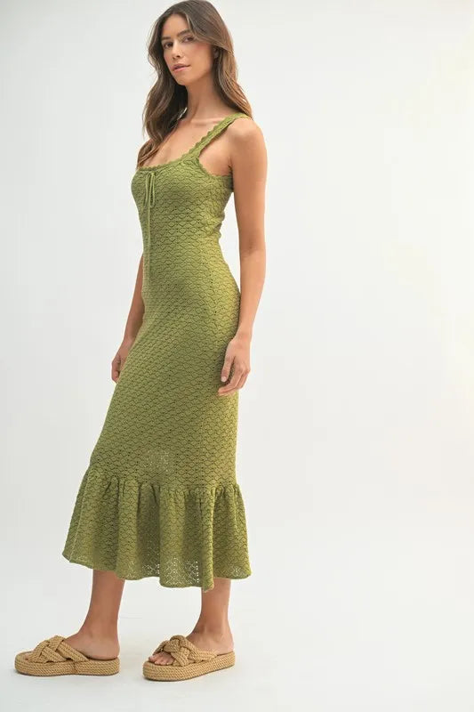 Elegant Ruffled Hem Sleeveless Crochet Knit Midi Dress