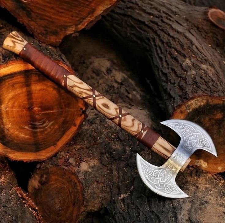 Artisan Crafted Battle Axe: Engraved Dual D2 Steel Blades with Ash Wood Handle and Leather Sheath - Korvel