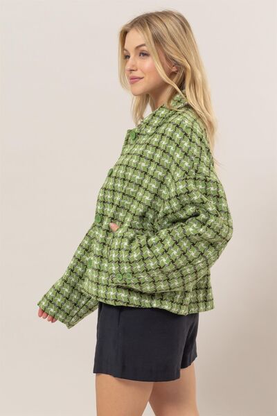 Elegante Chaqueta de Botones de Cuadros de Tweed Verde