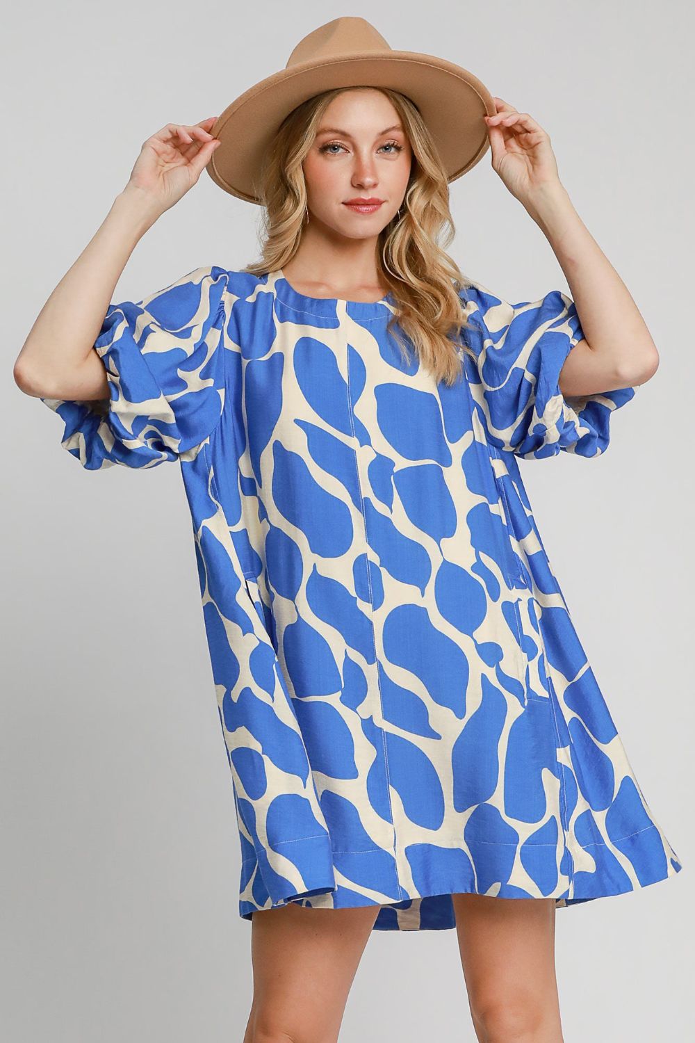 Blue Two Tone Abstract Print Puff Sleeve Dress