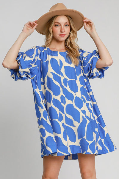 Blue Two Tone Abstract Print Puff Sleeve Dress