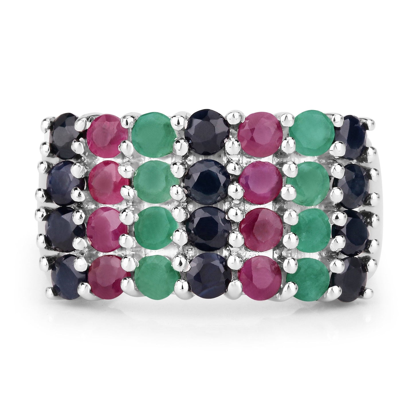 3.40 Carat Emerald, Ruby & Black Sapphire Sterling Silver Ring