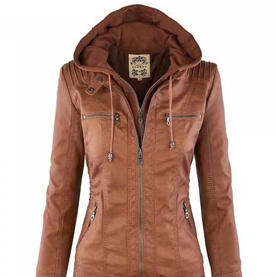 Women's Detachable Lapel Long Sleeve Solid Color Zipper Leather Jacket Coat - Korvel