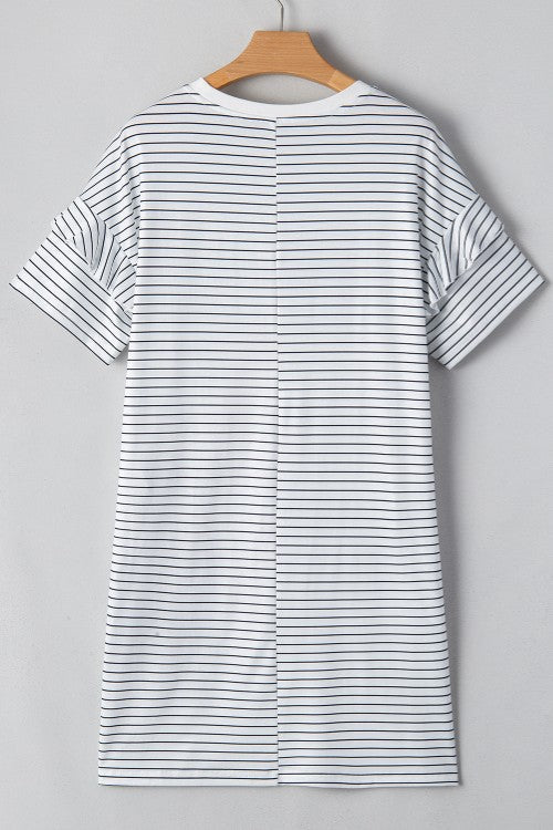 White Striped Round Neck Short Sleeve Mini Dress Casual & Playful Everyday Look Dress - Korvel
