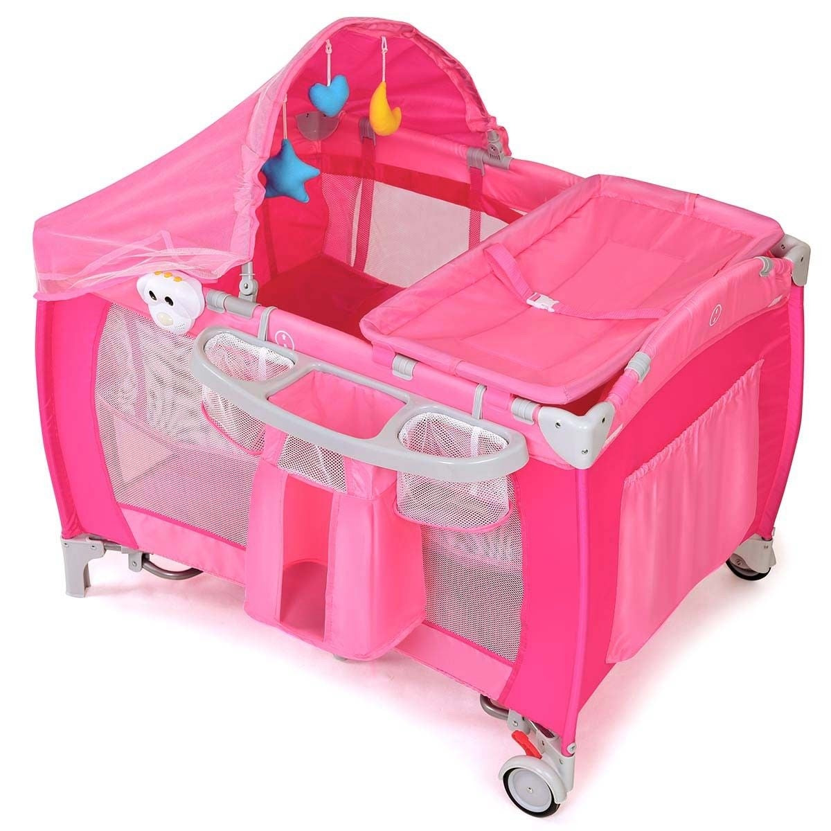Foldable Baby Crib Playpen with Mosquito Net - Pink