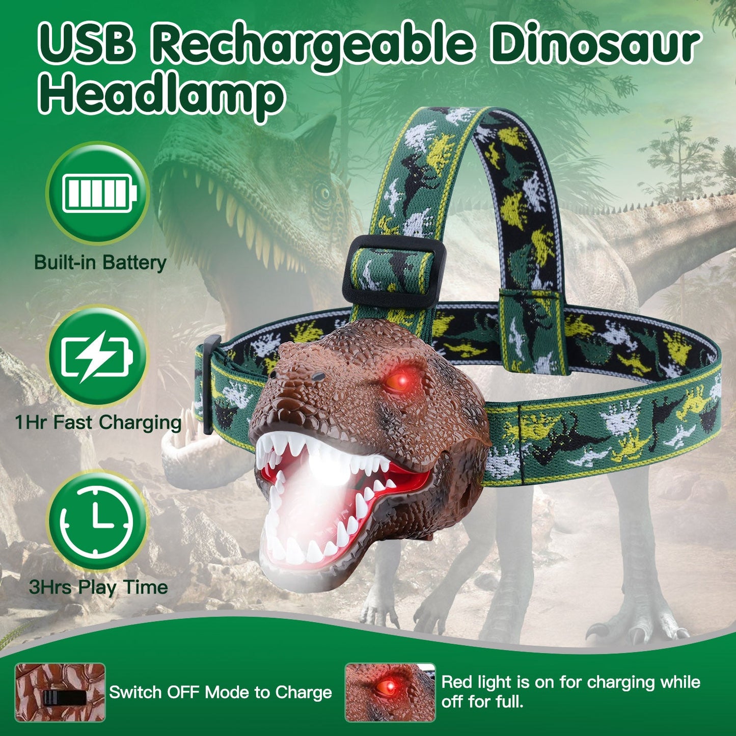 Dinosaur Headlamp for Kids - Adjustable Flashlight with Roar Sound