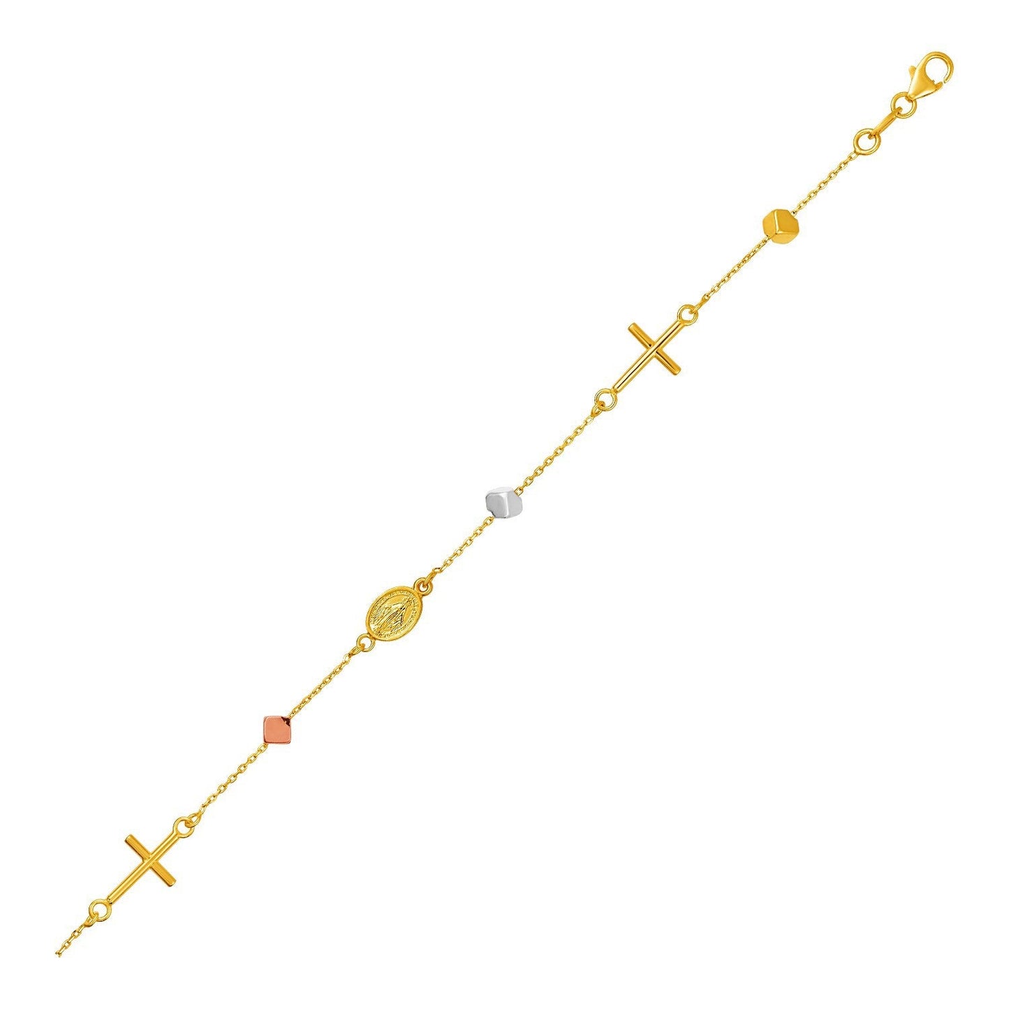 Pulsera de Oro Tri Color de 14k con Cruces y Medallones
