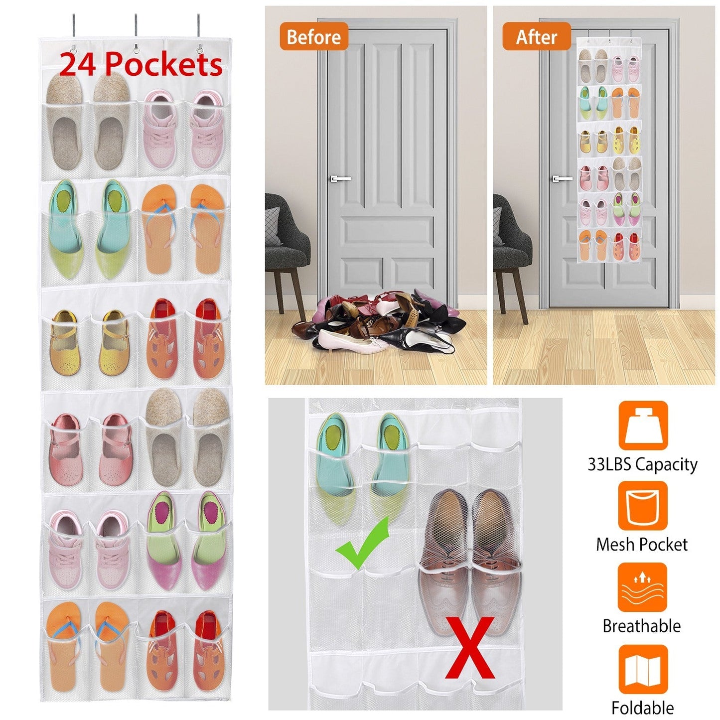 Over the Door 24-Pocket Shoe Rack Organizer