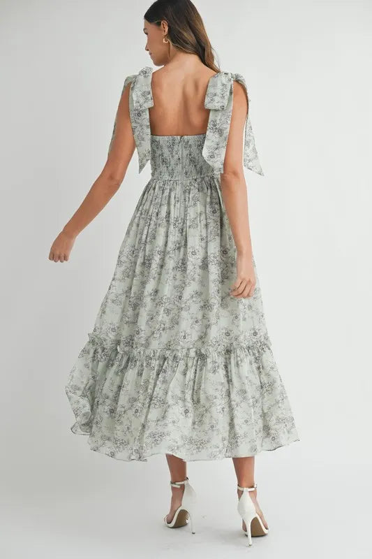 Robe midi froncée à buste floral avec lien d'épaule