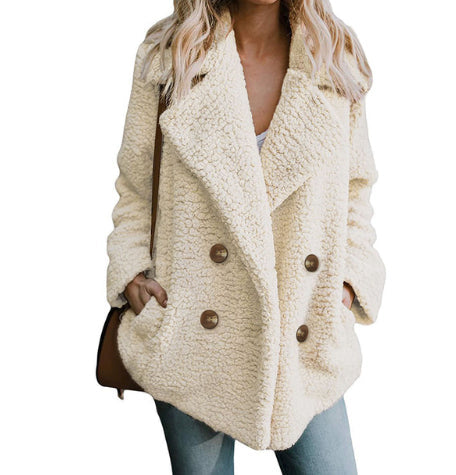 Women's Plush Button Lapel Pocket Overcoat for Autumn & Winter