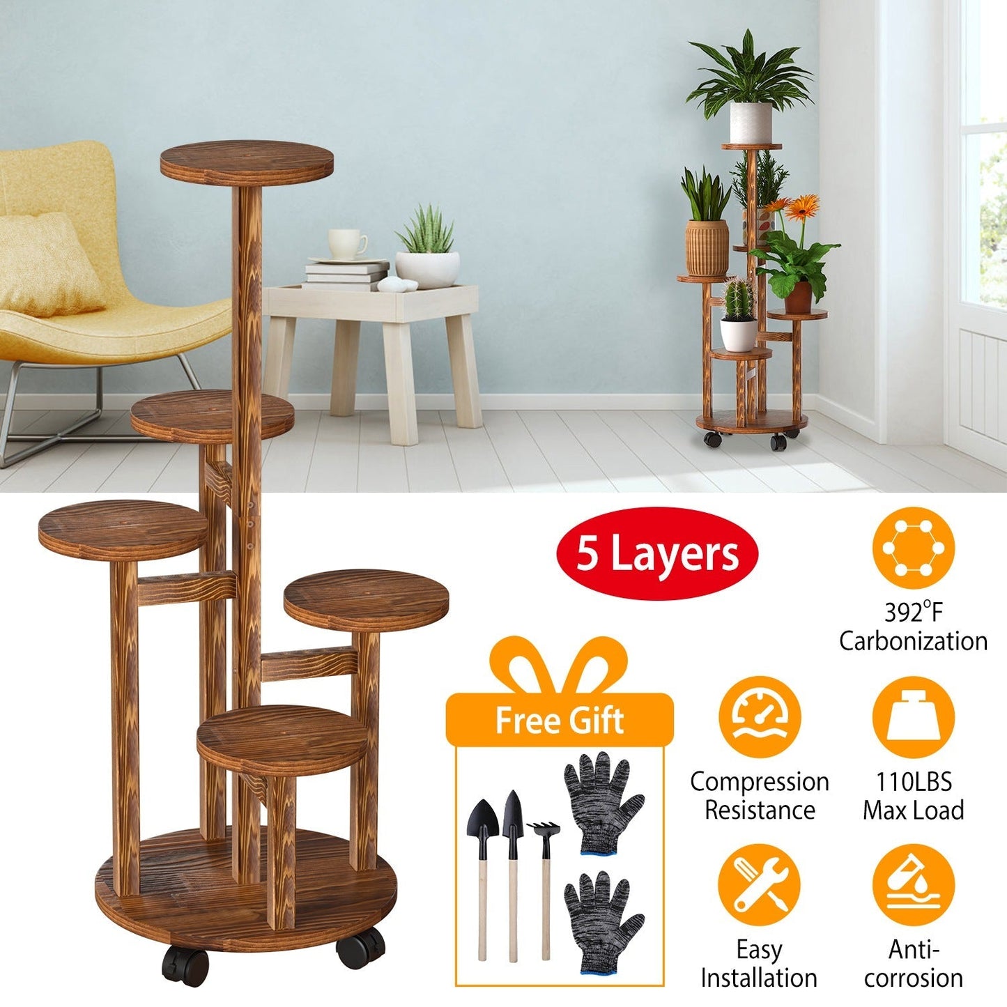 Soporte de Plantas de Madera de 5 Niveles con Ruedas Desmontables