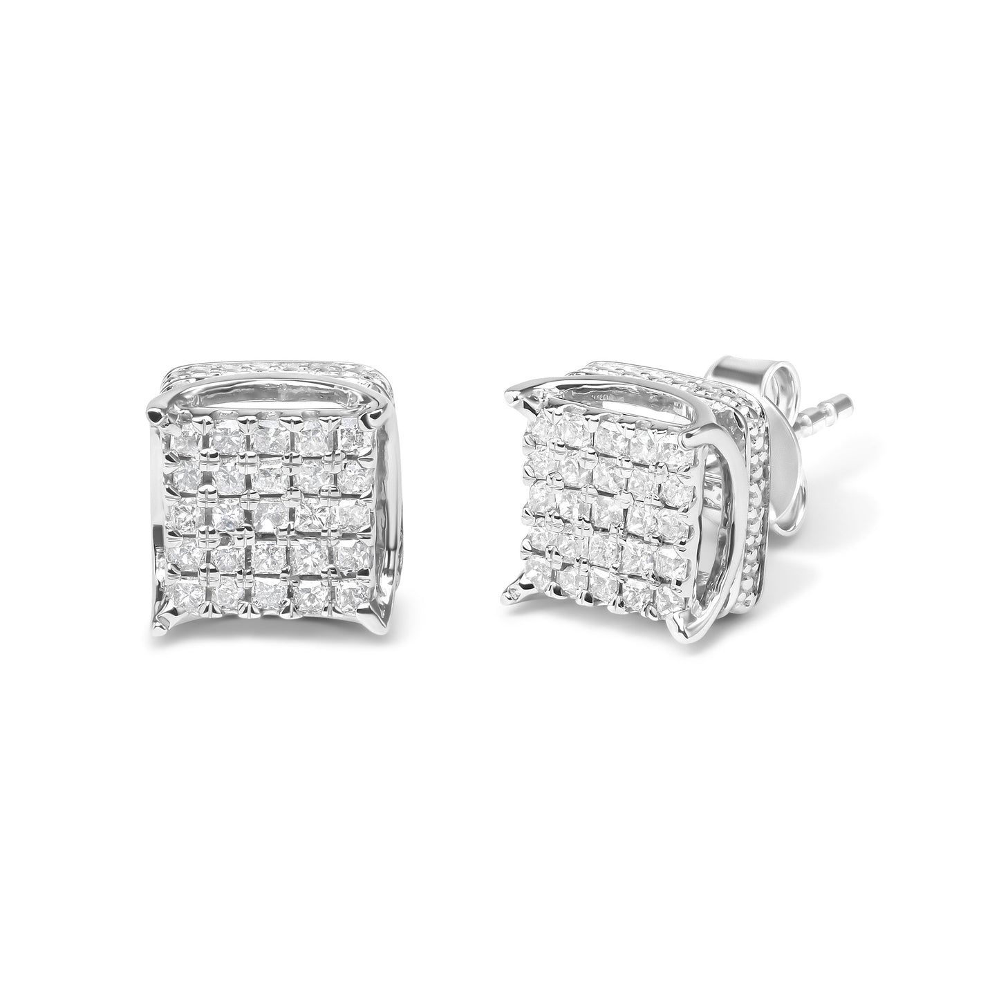 10K White Gold Princess Cut Diamond Multi Stone Stud Earrings
