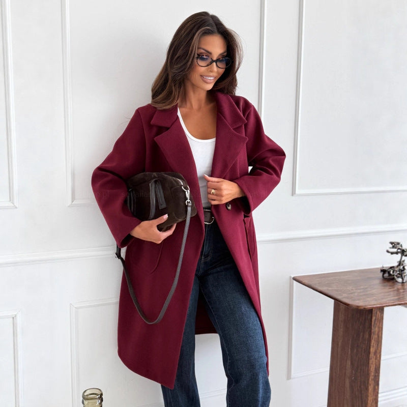 Elegant Solid Color Long Sleeve Wool Overcoat for Women