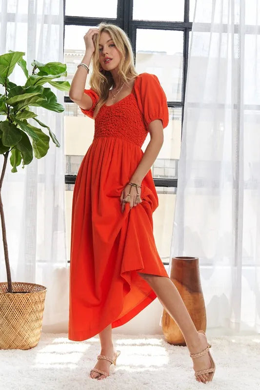 Vestido Elegante de Manga Abullonada con Fruncido para Mujeres