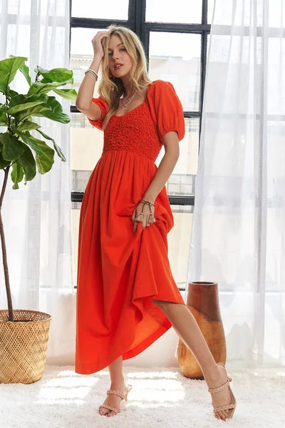 Elegant Popcorn Smocked Puff Sleeve Dress for Women