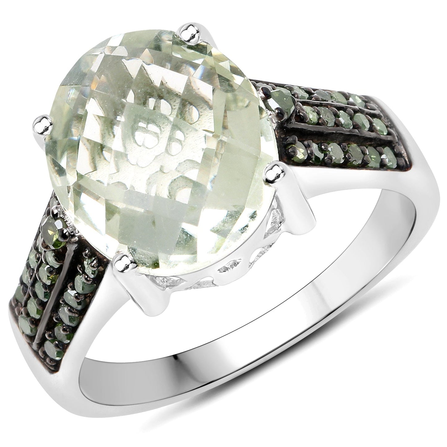 Bague en Argent Sterling avec Améthyste Verte de 4,41 Carats et Diamants