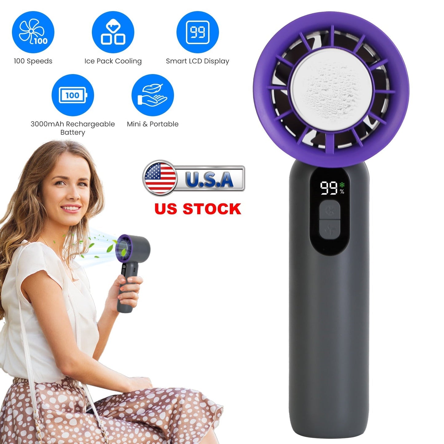 Ventilateur portable à main 100 vitesses avec refroidisseur à glace - Rechargeable et portable