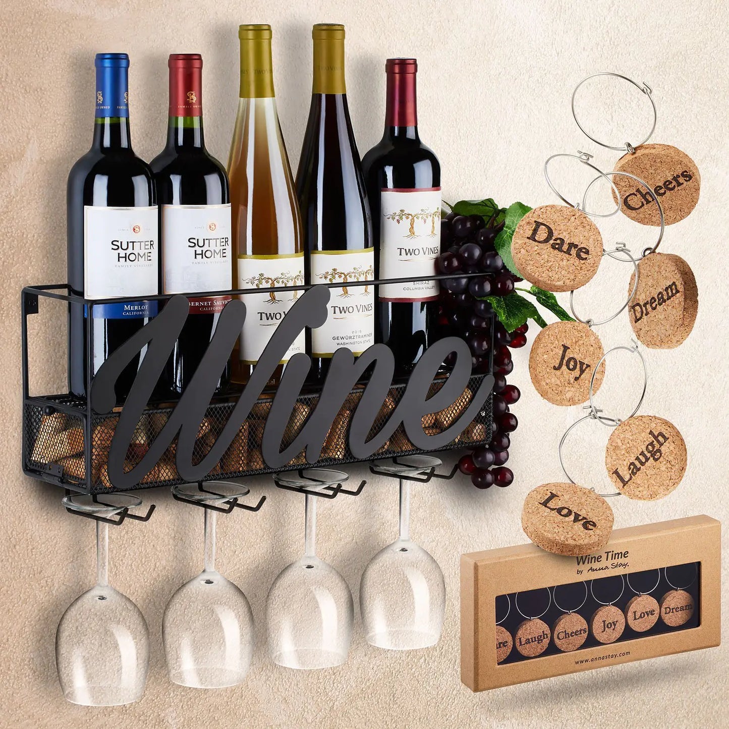 Soporte de Vino y Copas de Hierro Vintage Montado en la Pared