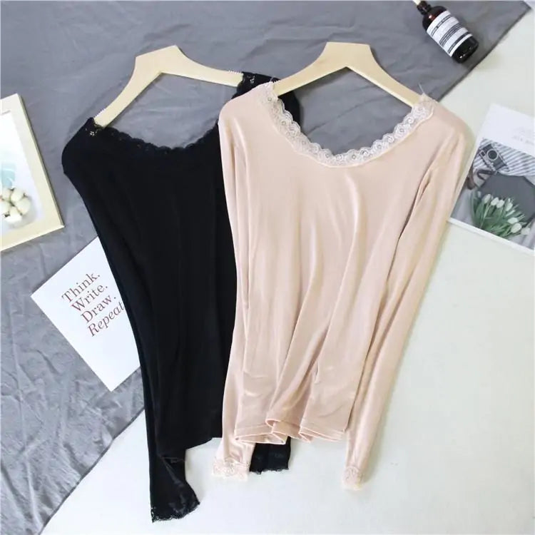 Top Térmico Slim de Manga Larga con Encaje en V para Mujeres
