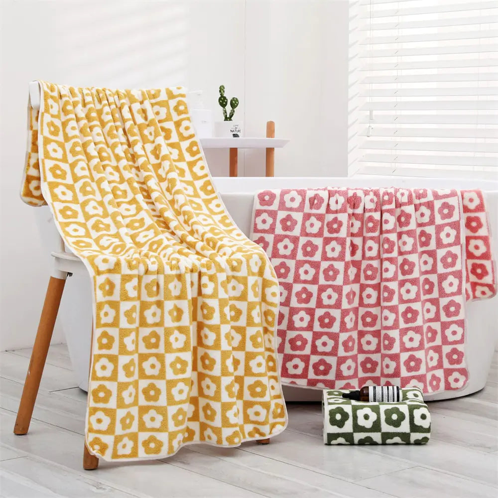 Serviette de bain en microfibre à fleurs à carreaux mignons