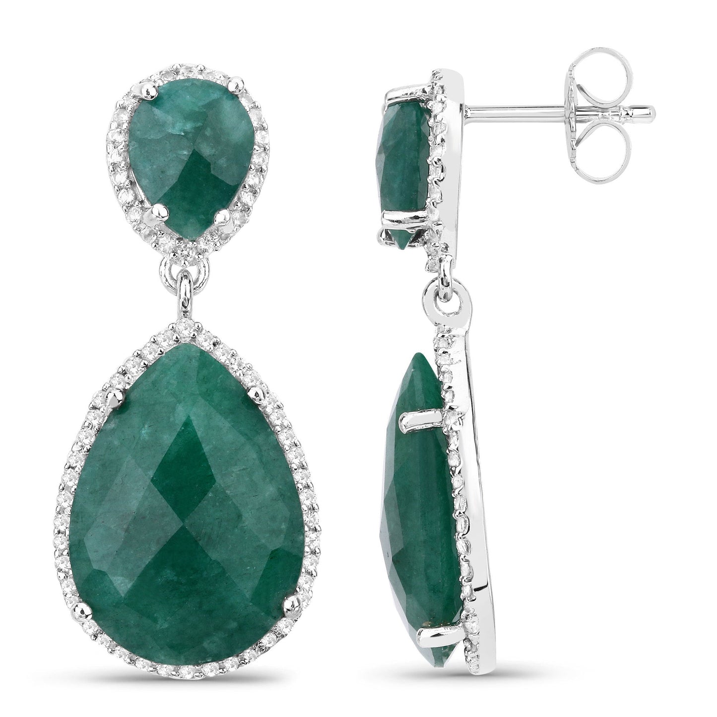 19.42 Carat Dyed Emerald and White Topaz Sterling Silver Earrings