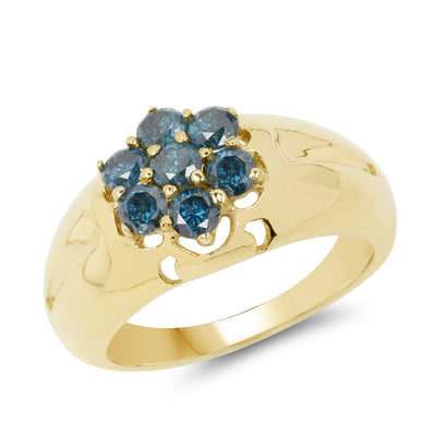 14K Yellow Gold Plated Blue Diamond Sterling Silver Ring
