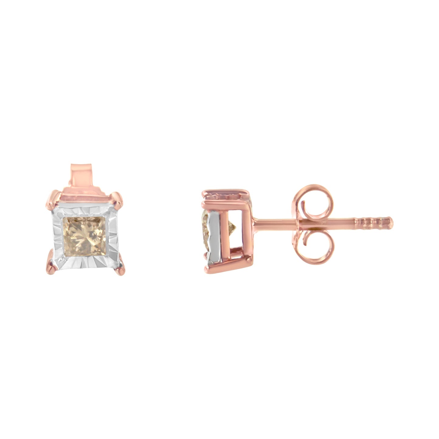 14K Rose Gold Plated Two-Tone Diamond Solitaire Stud Earrings