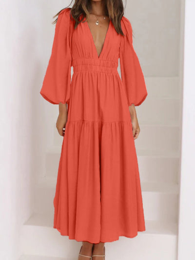 Elegant Lightweight Deep V-Neck Balloon Sleeve Maxi Dress