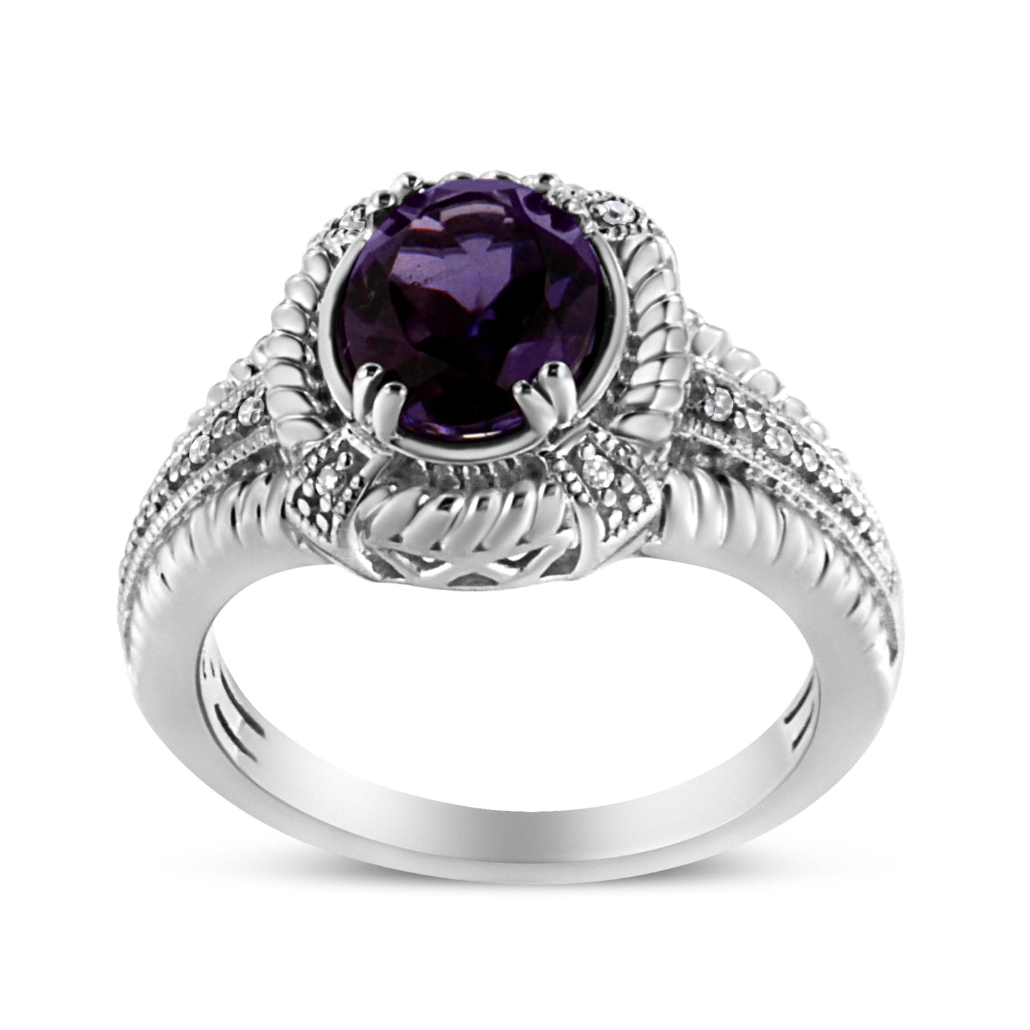 .925 Sterling Silver Amethyst and Diamond Accent Ring - Size 7