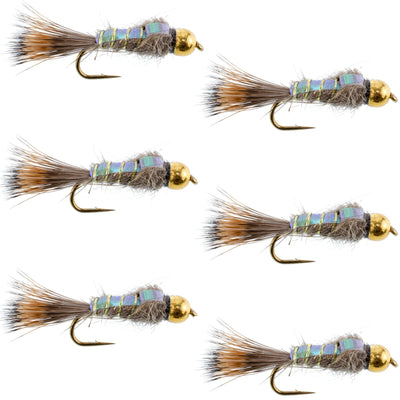 Premium Tungsten Bead Head Nymph Flies - Flashback Gold Ribbed Hare's Ear - 6 Pack Size 14 - Korvel