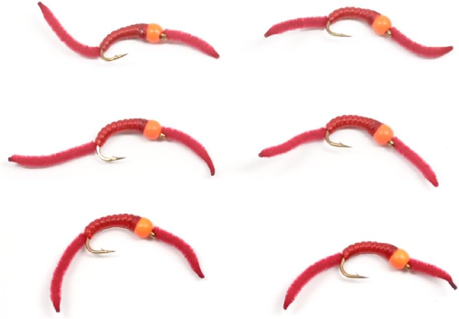 Hot Orange Bead Power Worm Nymph Flies - Set of 6 for Trout Fishing - Korvel