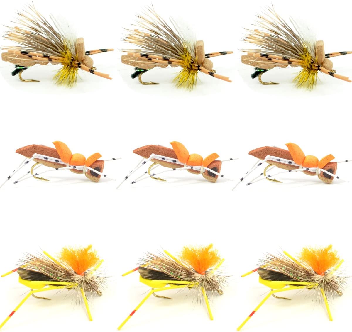 Premium Grasshopper Trout Fly Assortment - 9 Flies in 3 Distinct Patterns, Size 10 - Korvel