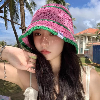 Color Matching Woven Straw Bucket Hat for Women