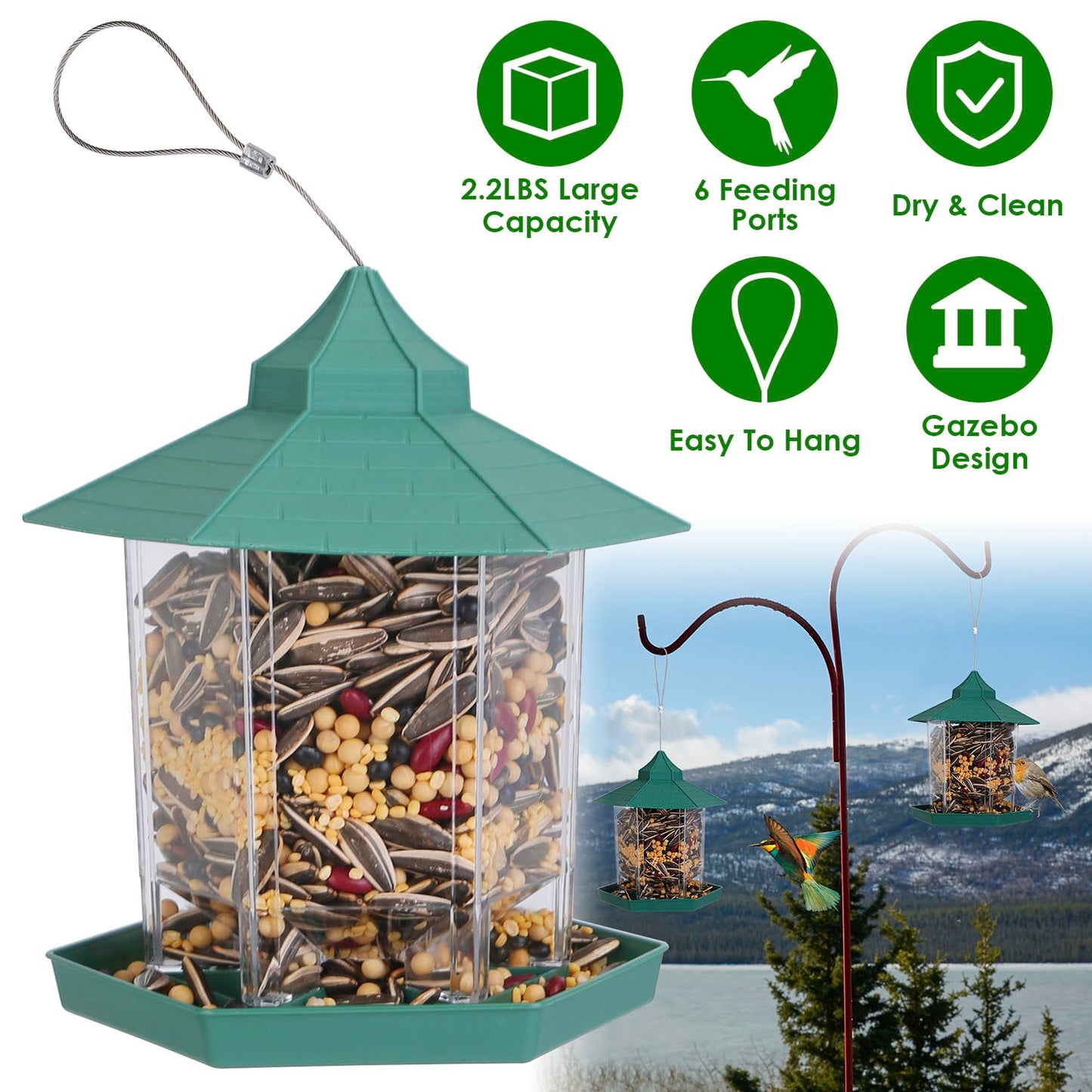 Comedero para Aves Silvestres en Forma de Gazebo Colgante con Gran Capacidad