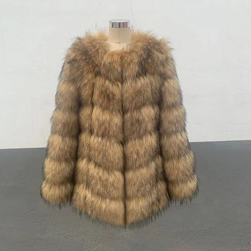 Women's Faux Raccoon Patchwork Synthetic Fur Overcoat