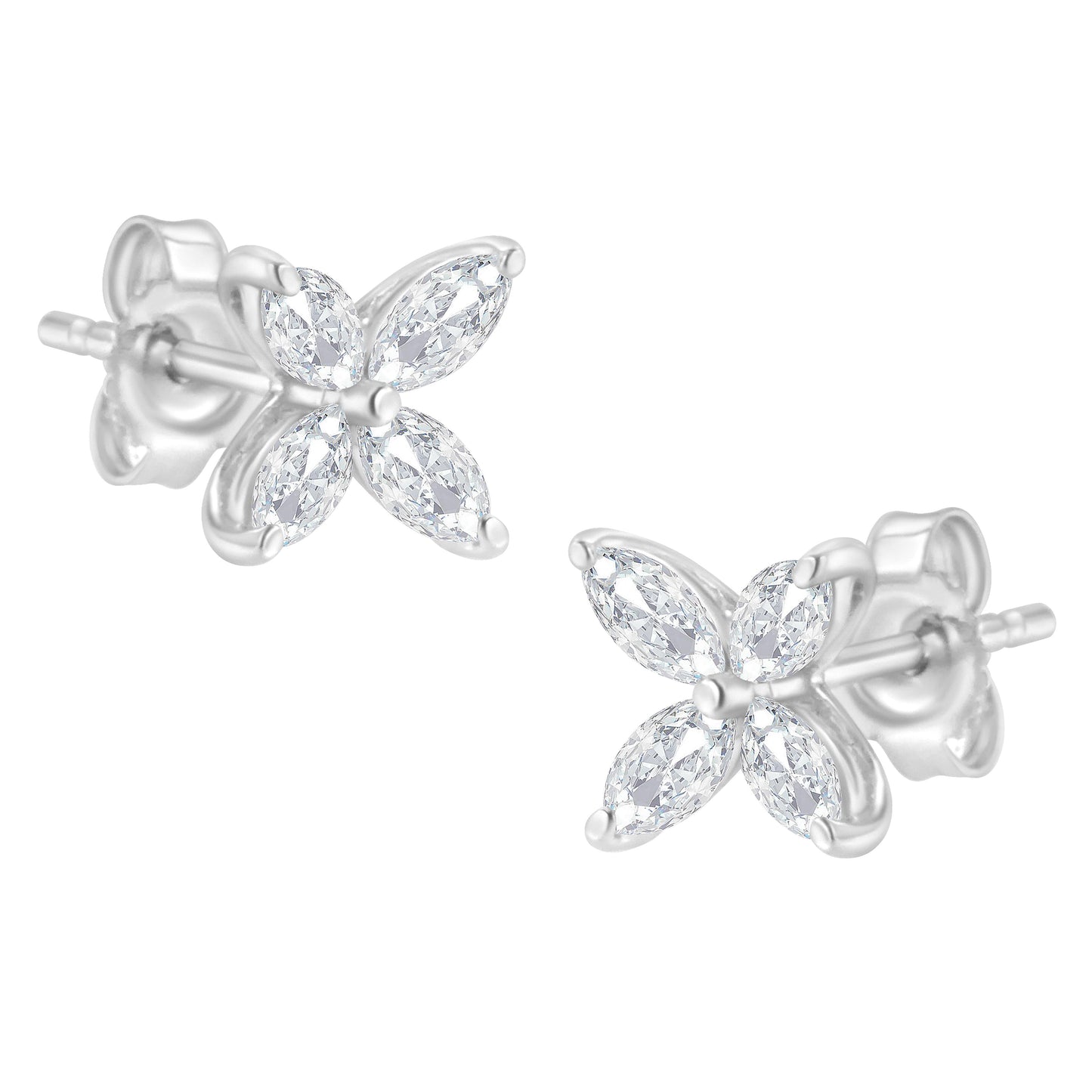 14K White Gold Marquise Diamond Floral Leaf Stud Earrings
