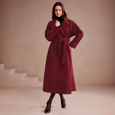 Women's Double-Breasted Long Wool Coat in Burgundy
