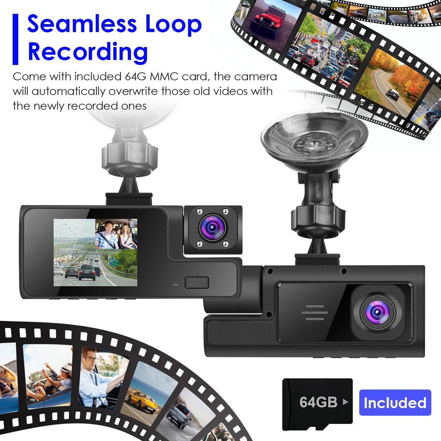 WiFi FHD 1080P 3-Channel Car Dash Cam with 64G Card