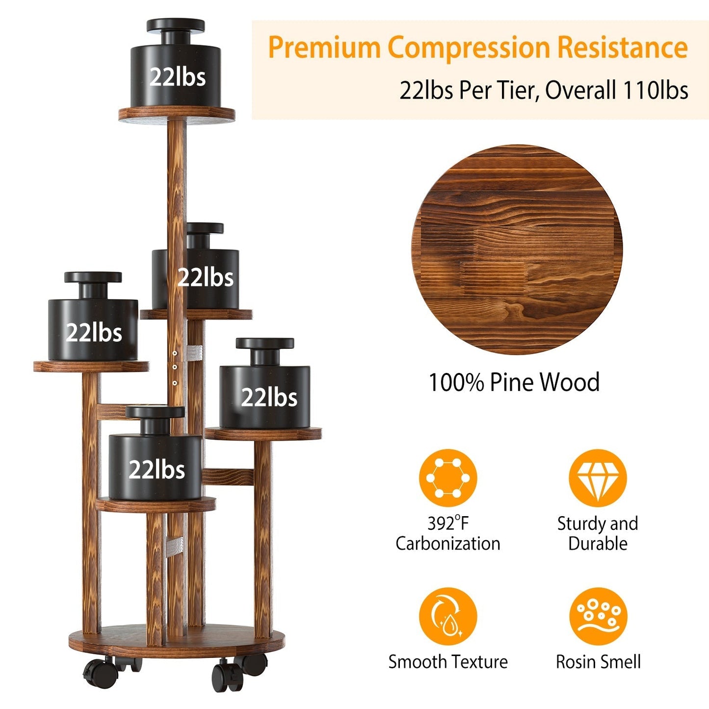 Soporte de Plantas de Madera de 5 Niveles con Ruedas Desmontables
