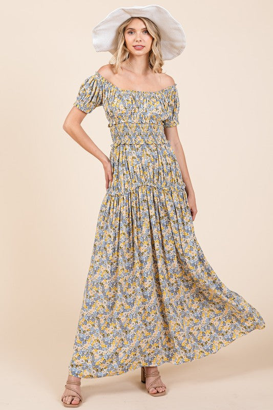 Summer Flower Print Puff Sleeve Maxi Dress