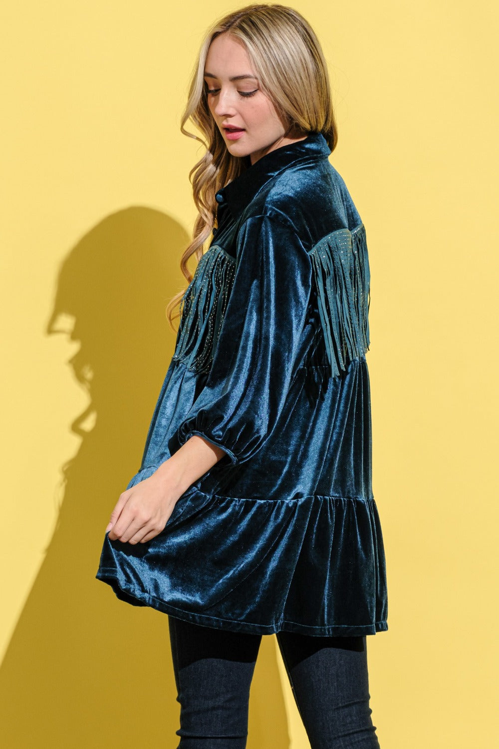 Robe Chemise en Velours Détail Frange