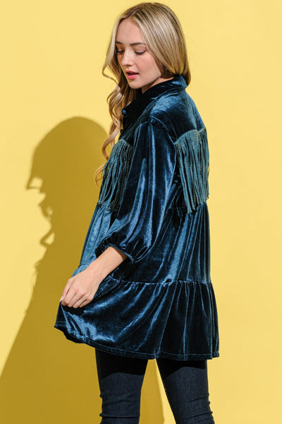 Robe Chemise en Velours Détail Frange