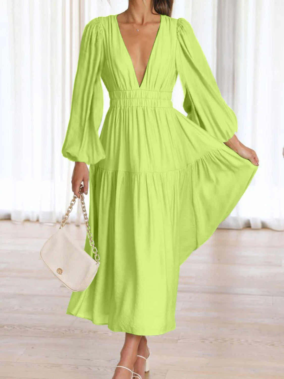 Elegant Lightweight Deep V-Neck Balloon Sleeve Maxi Dress