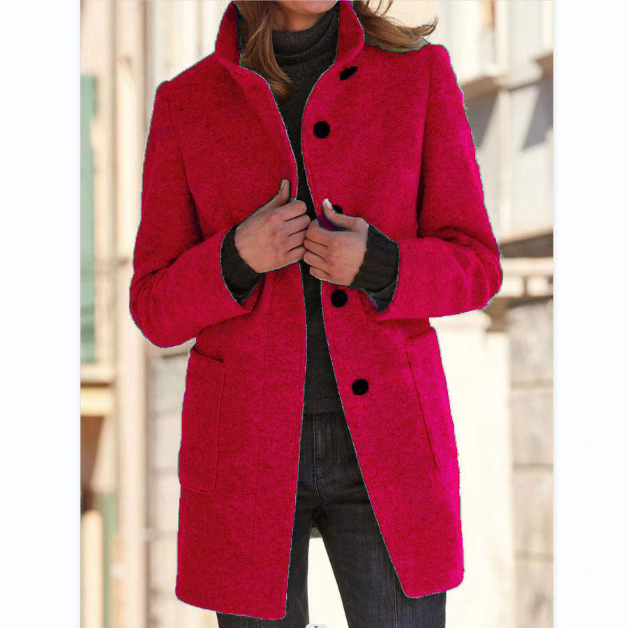 Manteau en Laine à Col Montant avec Poches pour Femmes