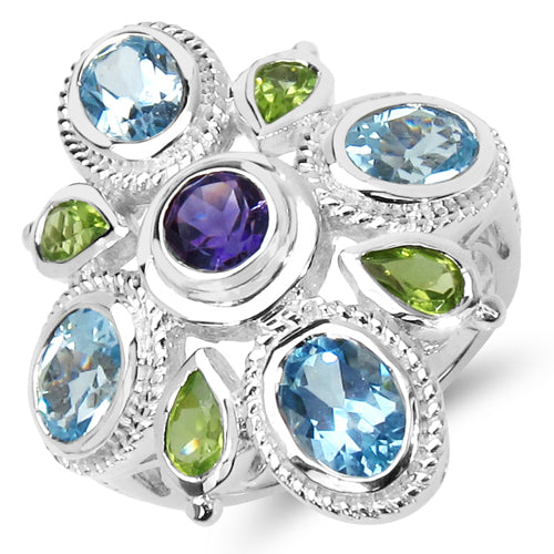 5.13 Carat Genuine Amethyst, Blue Topaz & Peridot Sterling Silver Ring